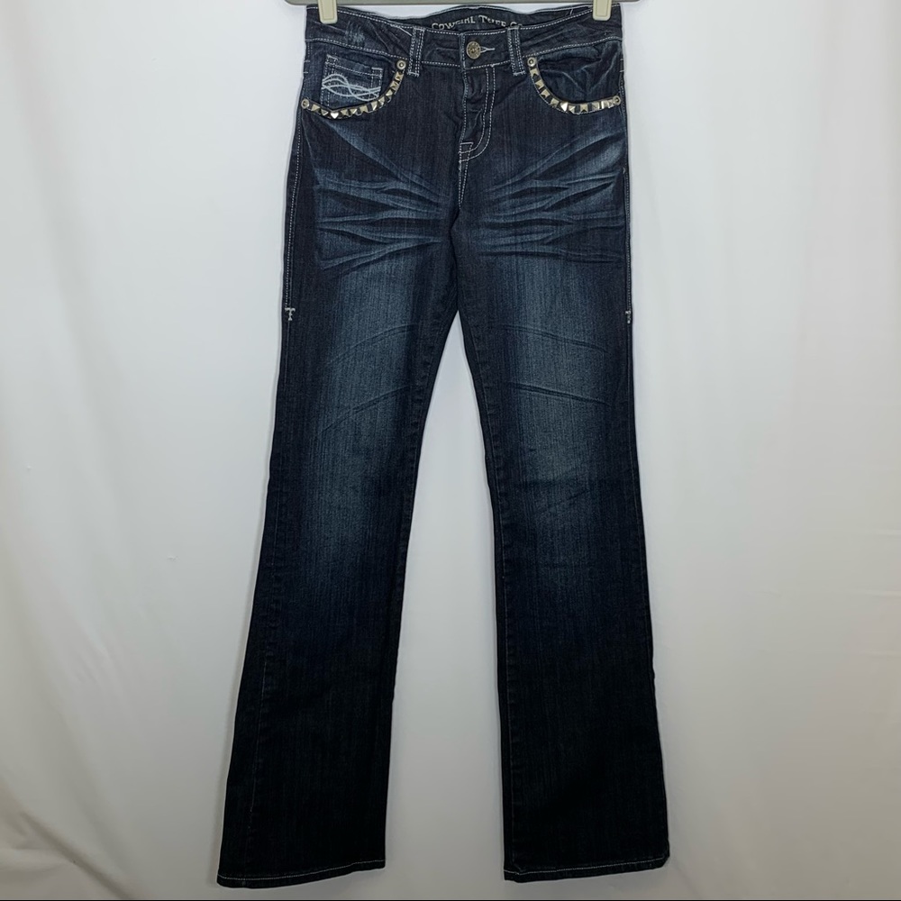 Cowgirl Tuff Sweet Stretch Mid Rise Boot Cut Dark Wash 27x35 Barbed Wire Studded